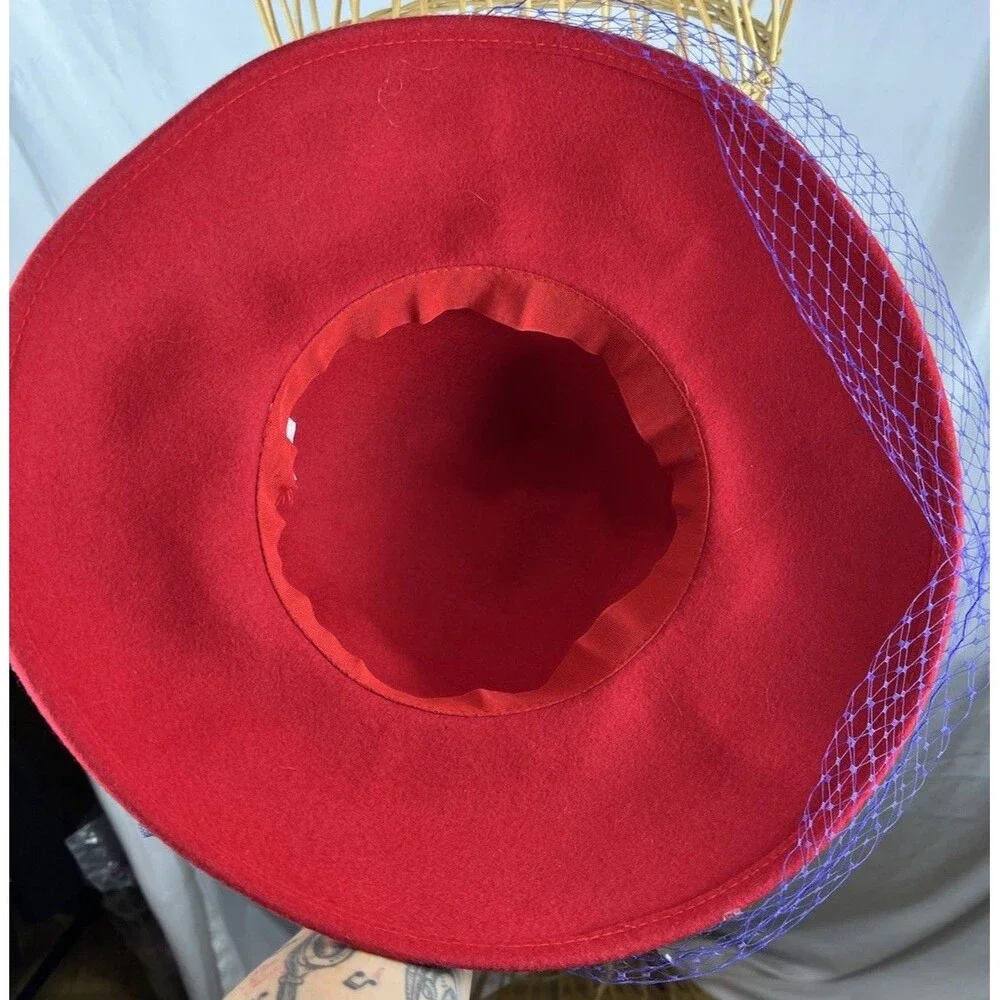 Vintage 100% Wool Red Wide Brim Derby Hat Purple Bow Church Tea Party